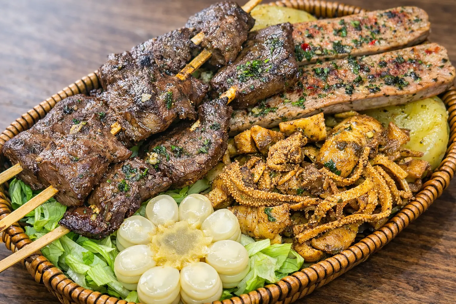 rey Mamanchi con anticuchos, chorizo y acompañamientos en San Juan de Lurigancho